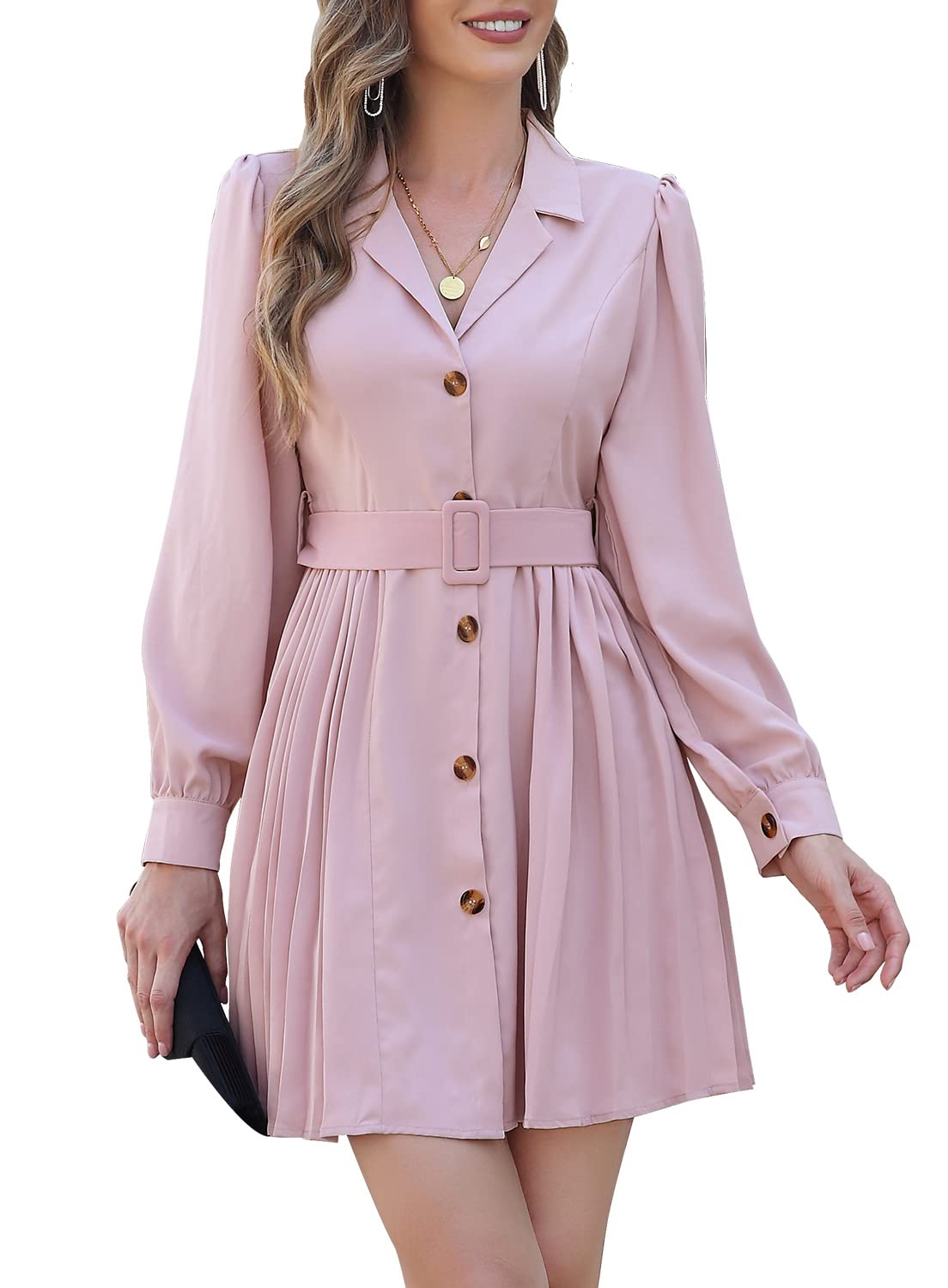 I2CRAZYWomens Notch Lapel Long Sleeve Pleated Swing A Line Mini Dress V Neck Button Down High Waist Belted Shirt Dress