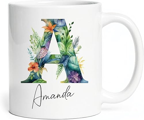 Taza de cerámica blanca con monograma de letra inicial personalizada, alfabeto floral, nombre personalizado y inicial A-Z, taza de café de 11 onzas