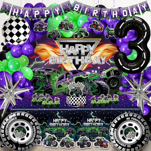 Monster Truck Birthday Party Decorations for Boys - Racing Balloon Arch kit Large Wheel Checkered Balloon Monster Truck Birthday Banner Backdrop Tablecloth Hanging Swirls Cake Toppers (3rd)
