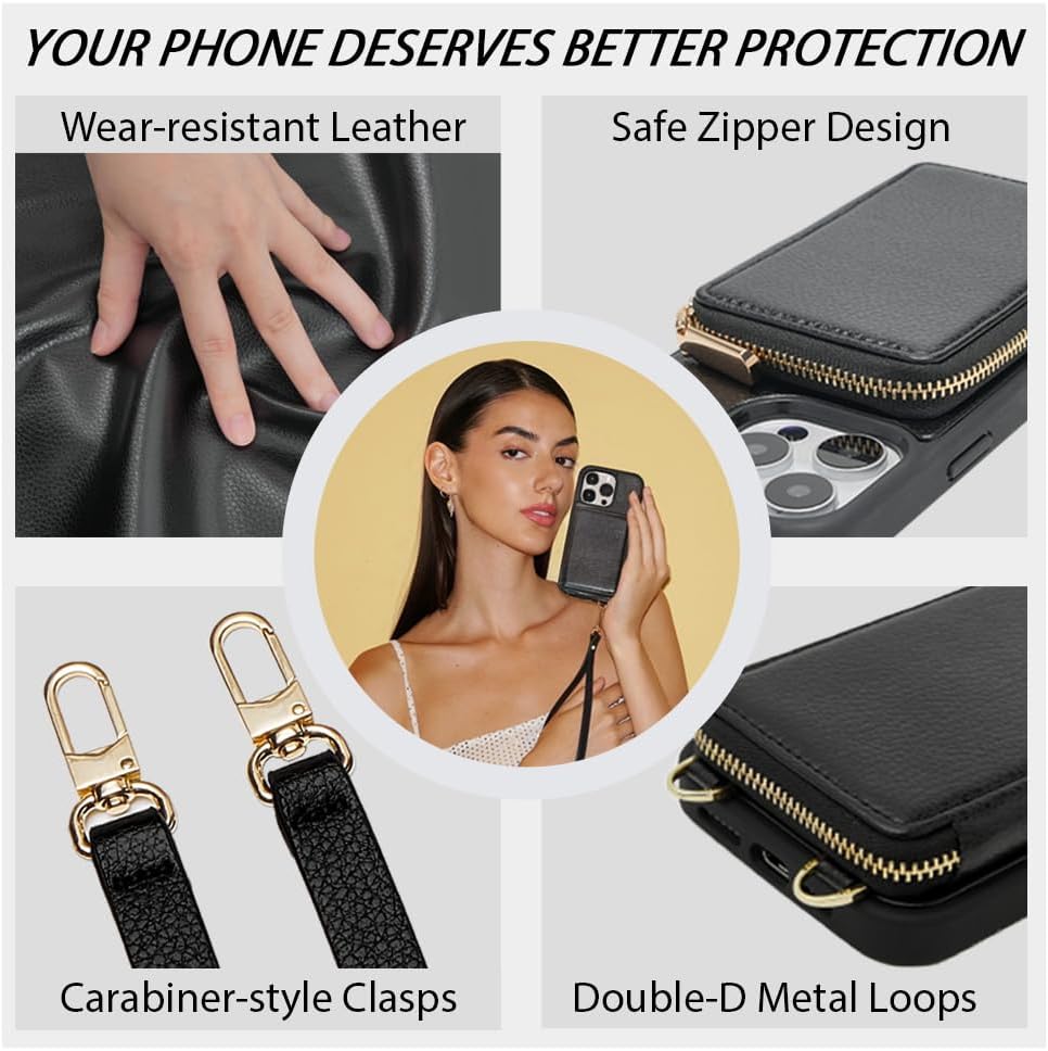 ZVE for iPhone 13 Pro Wallet Case, Zipper Crossbody Phone Case with RFID Blocking Card Holder Wrist Strap Purse Cover for Women Compatible with iPhone 13 Pro (6.1 inch, 2021)- Black - Image 6