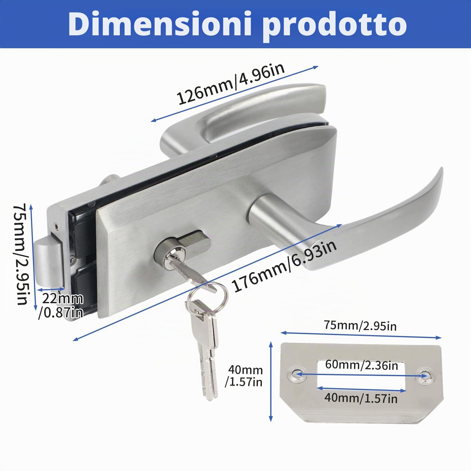 Serratura per porta in vetro in acciaio inox, maniglia scorrevole con 3 chiavi, in acciaio inox opaco, con tacca, per ufficio, bagno, camera da letto, balcone
