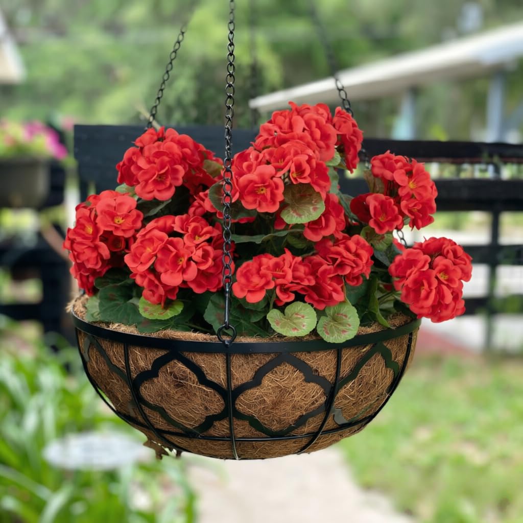 Laelfe 4 Pcs Gerani Rossi Finti da Esterno, Fiori Finti Artificiali Geranio per Esterno Balcone Patio Cimitero Sospensione di Fioriere Decorazione per Tavolo (Rosso-4 Pcs)
