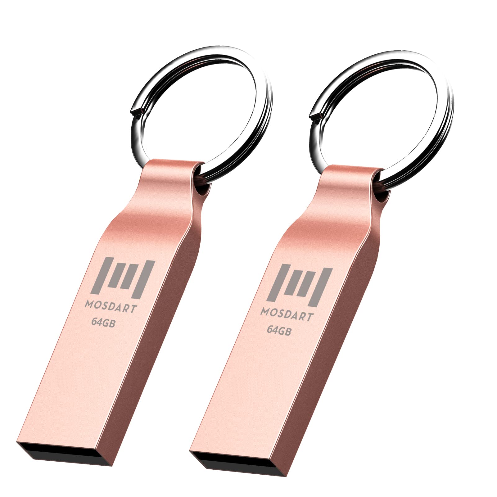 MOSDART Waterproof 64GB USB2.0 Flash Drive, exFAT Metal Memory Stick with Keychain, for System Back, Data Storage, Rose Gold(Pack of 2)