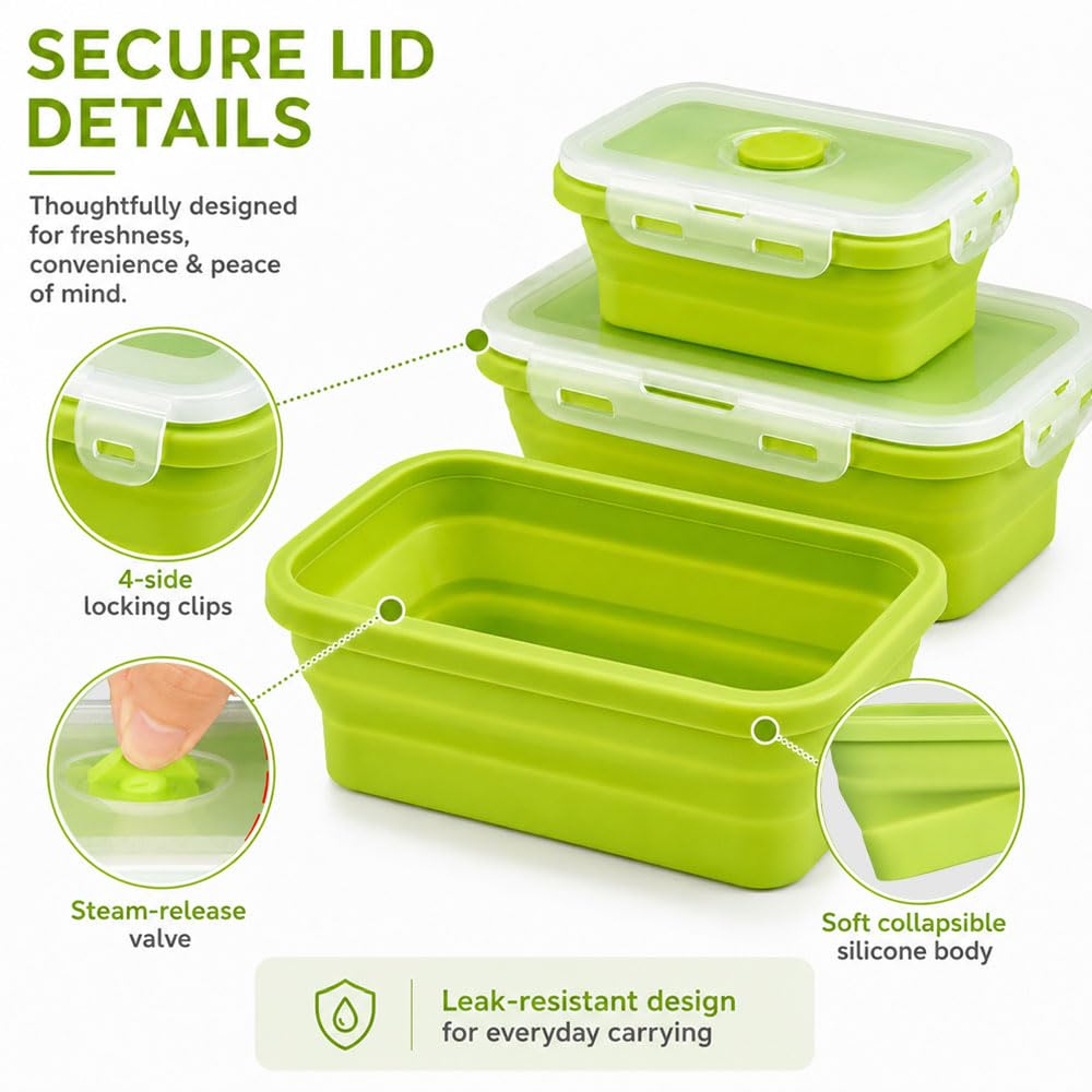 3 Pezzi Contenitori Pieghevoli per Alimenti 300/500/800 ML,Contenitori Alimenti Silicone con Coperchio, Contenitore Pranzo Ufficio,Schiscetta Porta Pranzo Ermetico per Picnic, Campeggio, Scuola