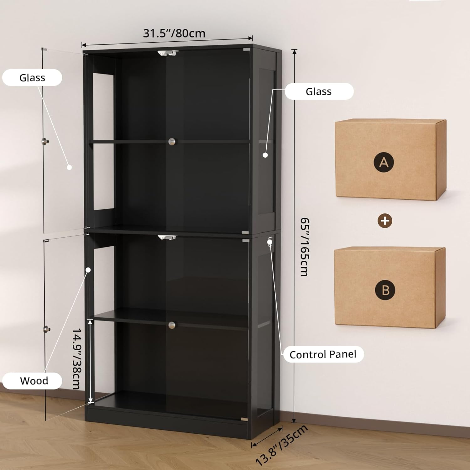 VOWNER 65'' Display Cabinet with Glass Door, 4-Tier Curio Cabinet for Collectibles Trophy, Glass Display Case with Human Body Sensor, 3 Color Lights, Bookcase Storage Cabinets for Living Room, Study
