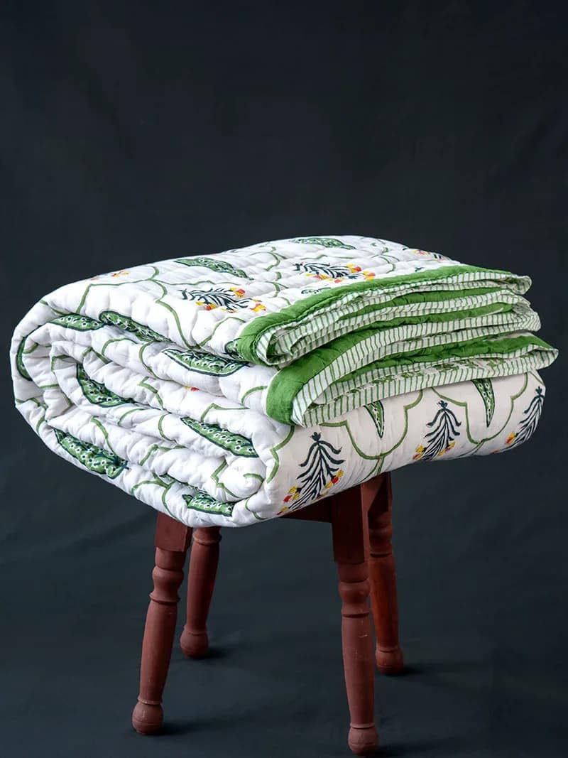 Organic Mulmul Cotton Quilt- Floral, Hand Block Printed, 100% Surgical Cotton (Double)-image-37