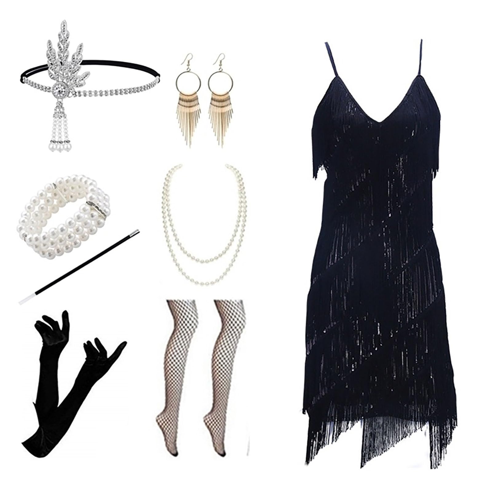 Robe style années 1920 pour femme avec paillettes, perles et franges, avec ensemble d'accessoires des années 20