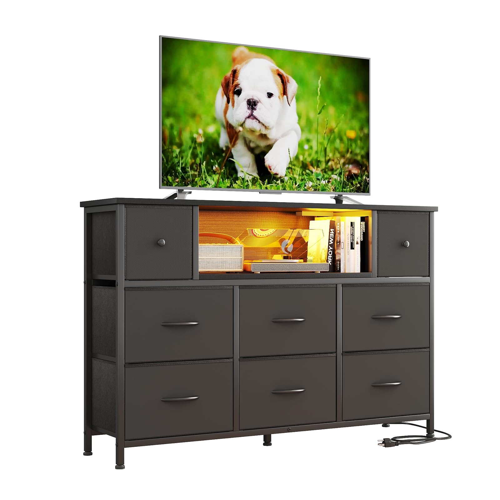Flrrtenv Chest of Drawers, 8 Fabric Drawers Cabinet, 120CM TV Stand with Power Outlets and LED Lights for 55'' TV, for Bedroom Living Room & Entryway, Home Office, Console Table, Black