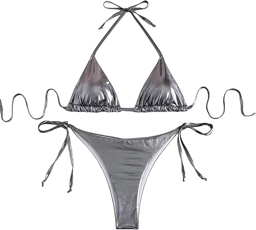 Falainetee Traje de baño metálico brillante para mujer, traje de baño de cintura alta, triángulo, lazo lateral, conjunto de bikini