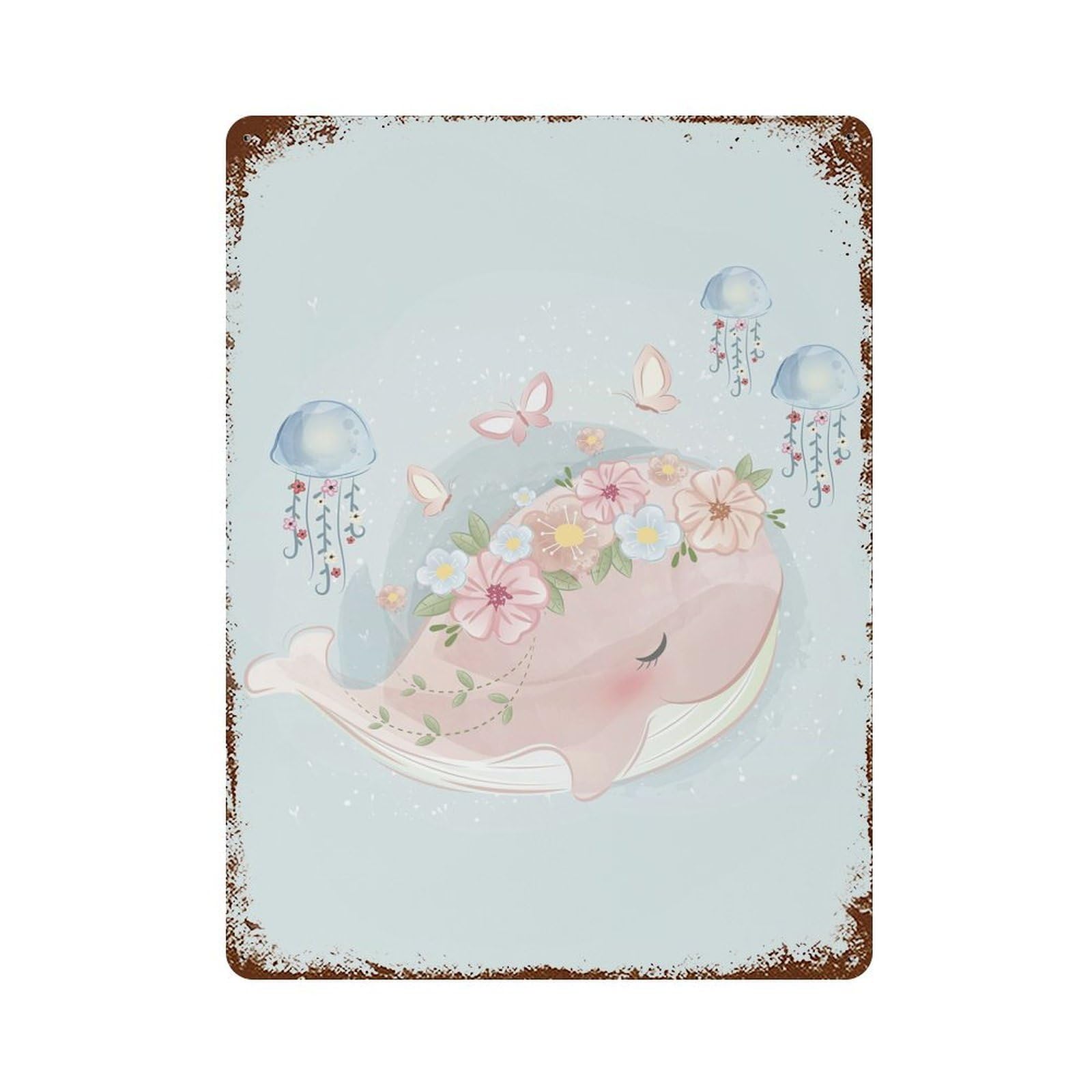 Cute Spring Whale Vintage Wall Sign 15.7"x11.8", Rust Effect Metal Decor for Cafe, Home Bar And Lounge Decor