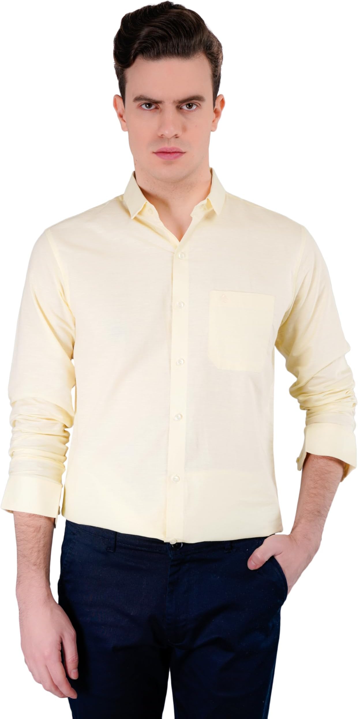 RAY CARTERMen's Premium Cotton Linen Slim Fit Yellow Shirt