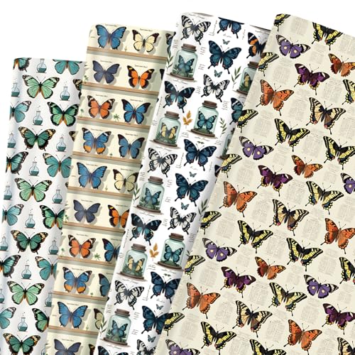 Pineraap Butterfly Wrapping Paper 12 Sheets Butterfly Themed Designs Gift Wrap for Nature Lovers, Crafters, DIY Enthusiasts, 20"×28"
