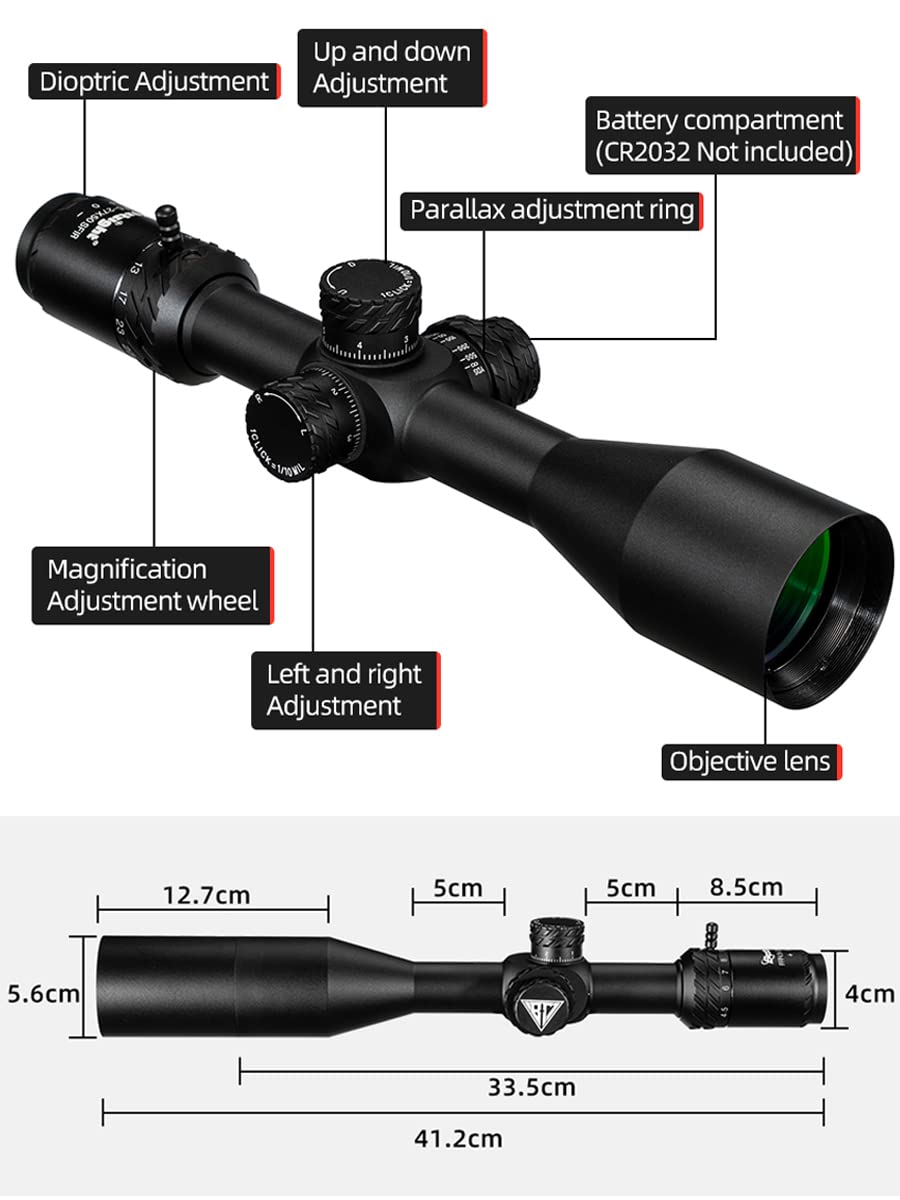 Lunette De Visée Paike HD 6-24x50 FFP – Réticule Illuminé Rouge, Tourelles Réglables, Parallaxe Latérale – Pour Tir Et Chasse