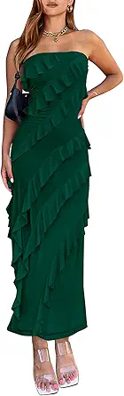 BTFBM Women Summer Elegant Strapless Midi Ruched Bodycon Dress Solid Color Stretch Mesh Slim Party Cocktail Dresses
