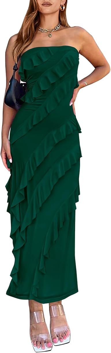 BTFBM Women Summer Elegant Strapless Midi Ruched Bodycon Dress Solid Color Stretch Mesh Slim Party Cocktail Dresses