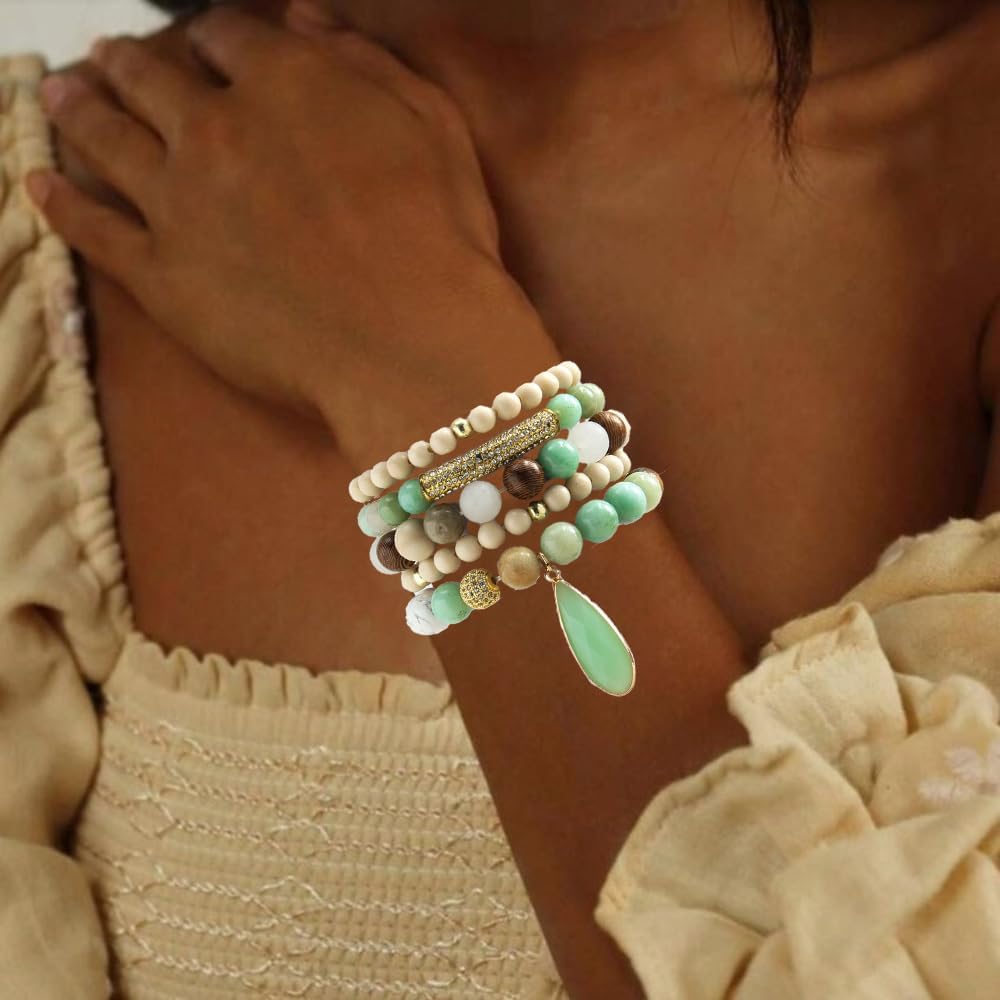 Yomisa Boho Beaded Bracelets/Bangle for Women,Multilayer 5/6/7PCS Healing Natural Handmade Stone Bead Bracelets Stackable Stretch Friendship Beaded Bracelet Set Trendy Western Bohemian Jewelry Gift - Image 6