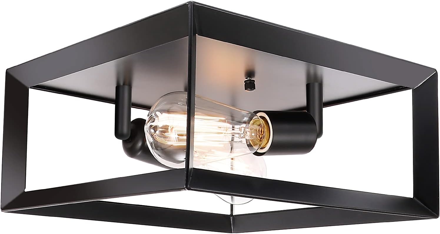 2-Light Flush Mount Ceiling Light Fixture, Farmhouse Black Metal Ceiling Light, Industrial Rustic Flush Mount Light Fixtures for Hallway Foyer Kitchen Bedroom Entryway Bathroom Stairway, E26 Base