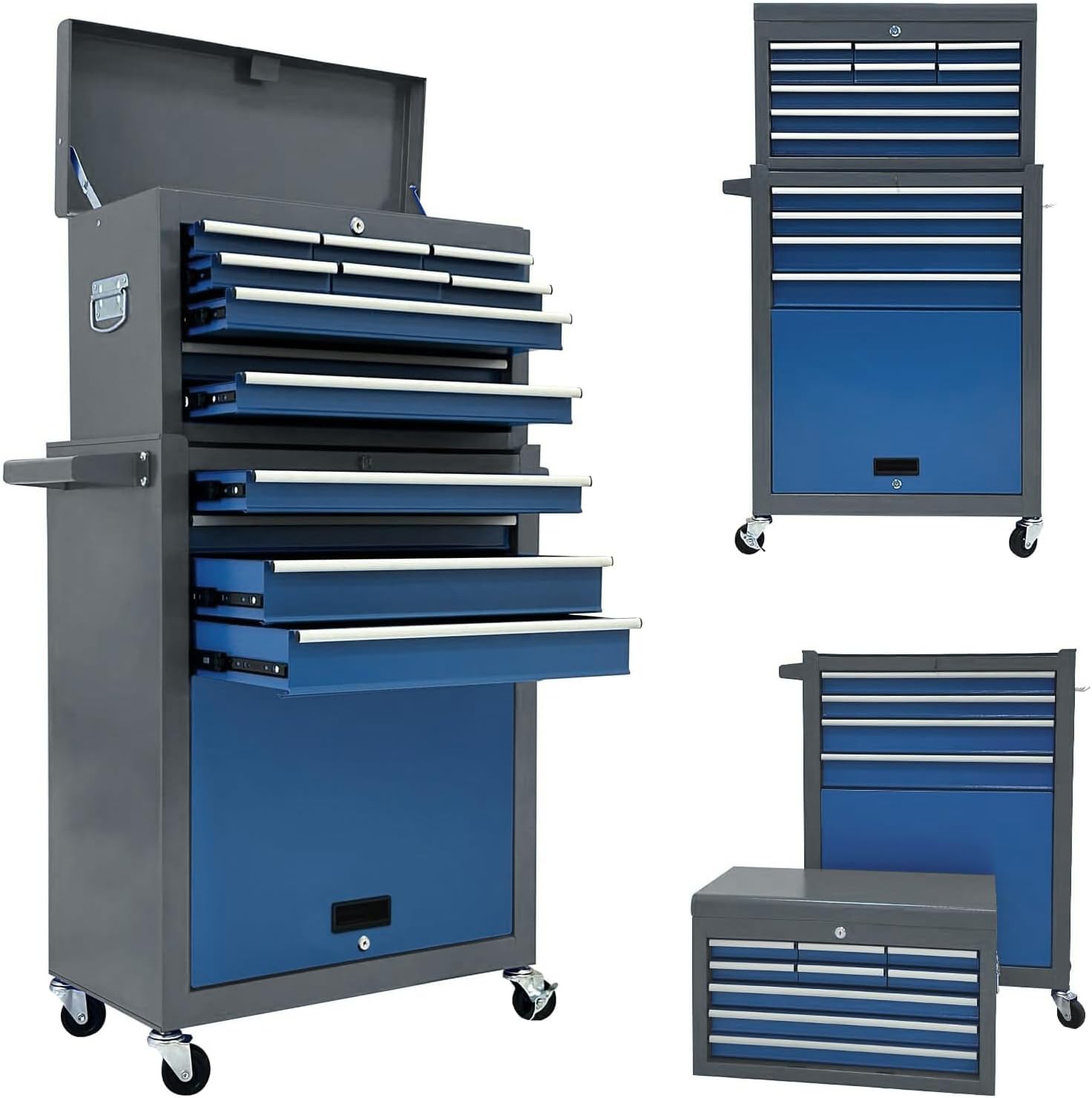 13-Drawer Tool Chest,Rolling Tool box with Wheels,Tool Cabinets with Drawers, Top Detachable ToolBox with Hooks Handles for Workshop Mechanical Garage (blue＆grey)