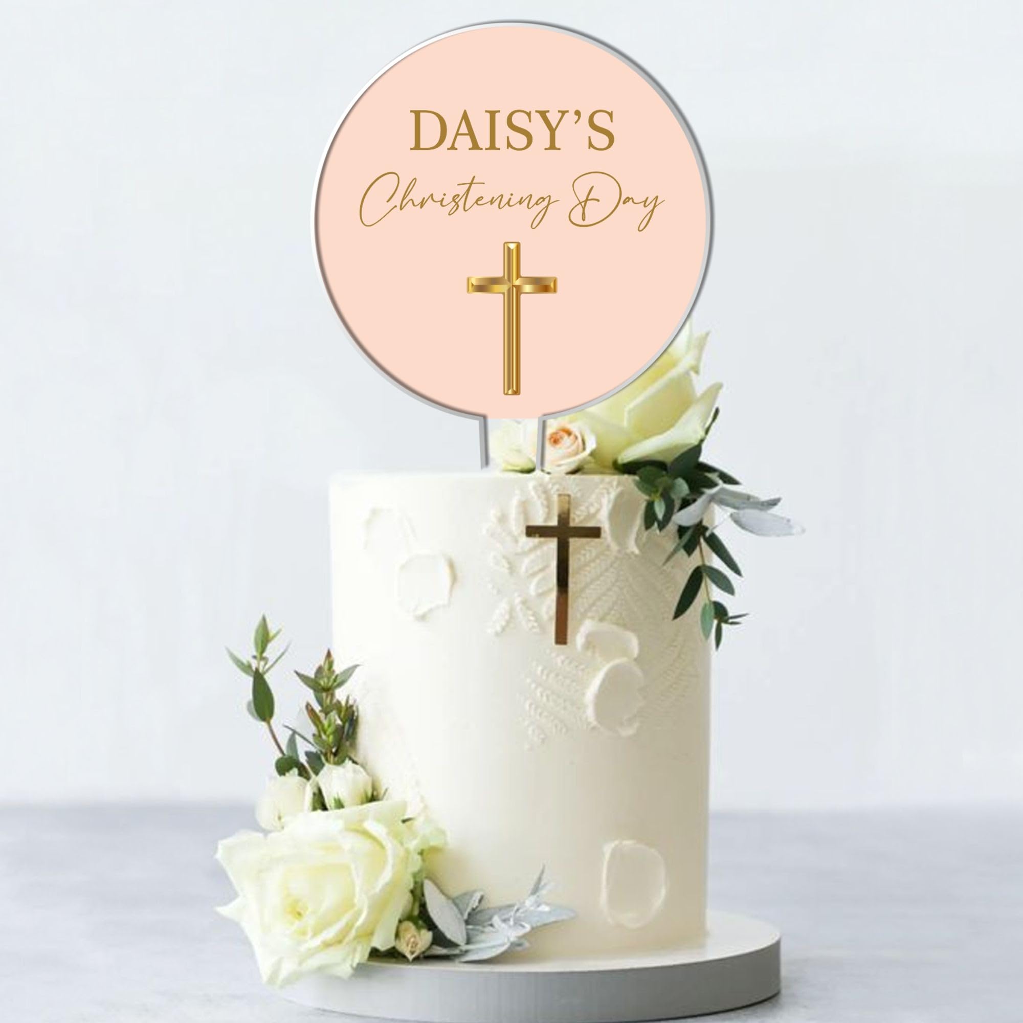Personalised Acrylic Cake Topper for Christenings Confirmations Holy Communions – Custom Child’s Name in 7 Colours with Gold Cross Design (Christening Day, Peach) — image 1