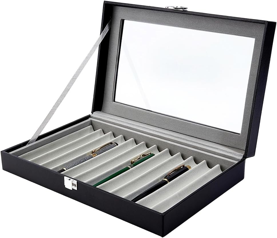 UNICRAFTALE Wooden Pen Display Case 12-Slot Black Fountain Pencil Storage Box with Clear Glass Lid and Clasp Velvet Lined Faux Leather Finish Pen Holder Box for Collectors Enthusiasts 12.6x8x2.2 Inch