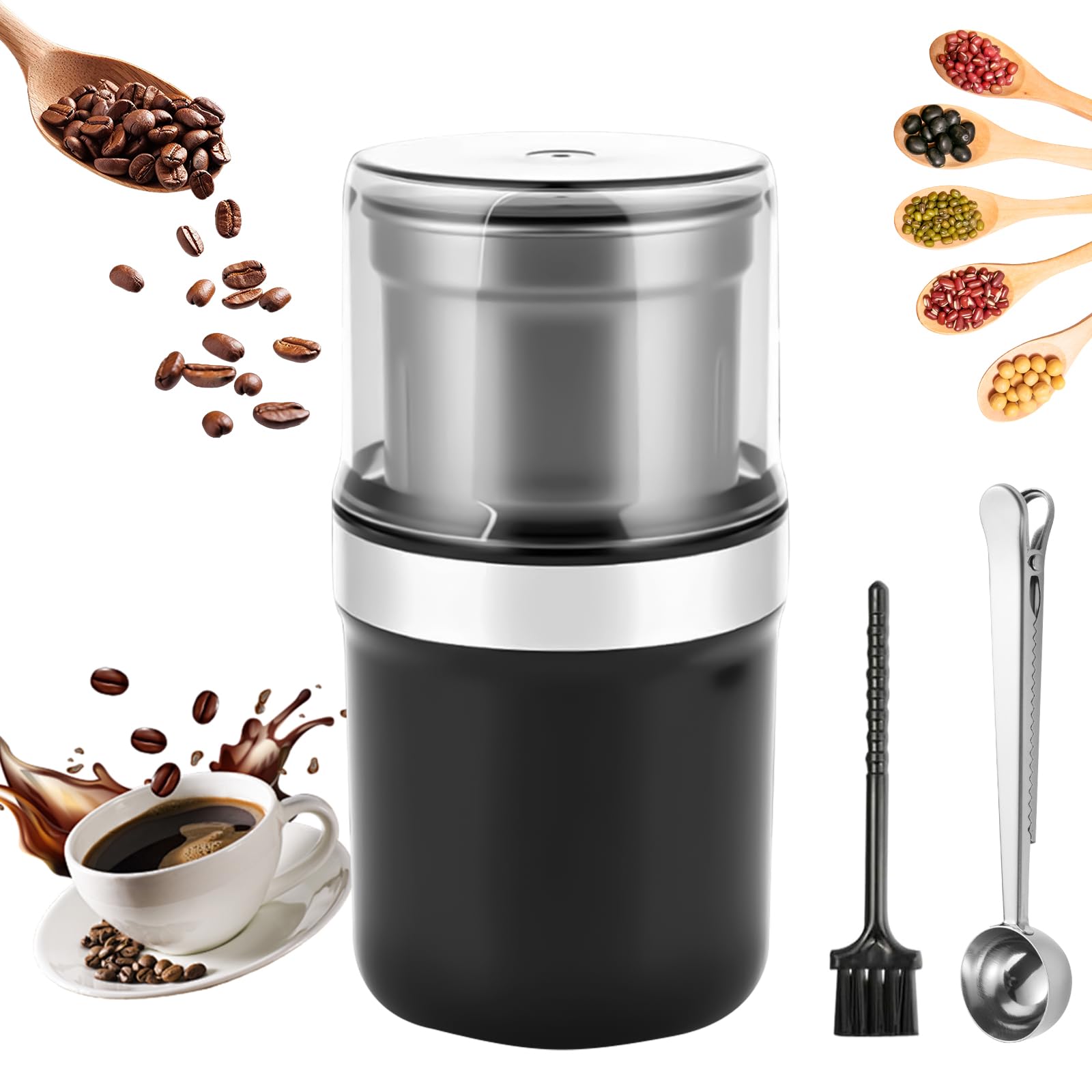 Macinacaffè Elettrico 200W, Macina Caffè in Acciaio Inox con Capacità 100g, Macina Spezie Multifunzione per Chicchi di Caffè, Semi, Cereali e Noci, Contenitore Lavabile, Facile da Usare