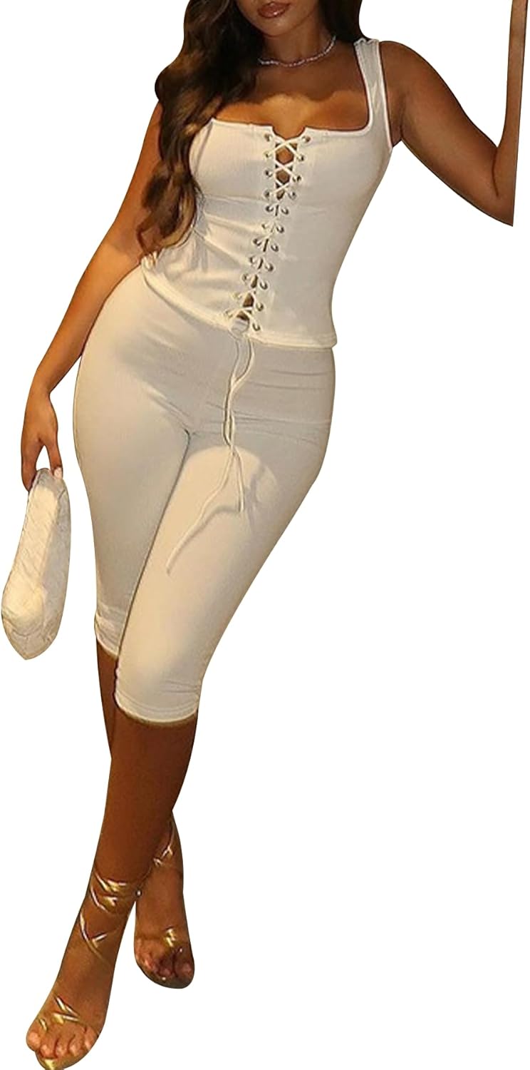 Famnbro Women Capri Sets 2 Piece Outfits Ribbed Knit Sleeveless Sexy Hollow Lace Up Tank Top and Capri Legging Bodycon Set