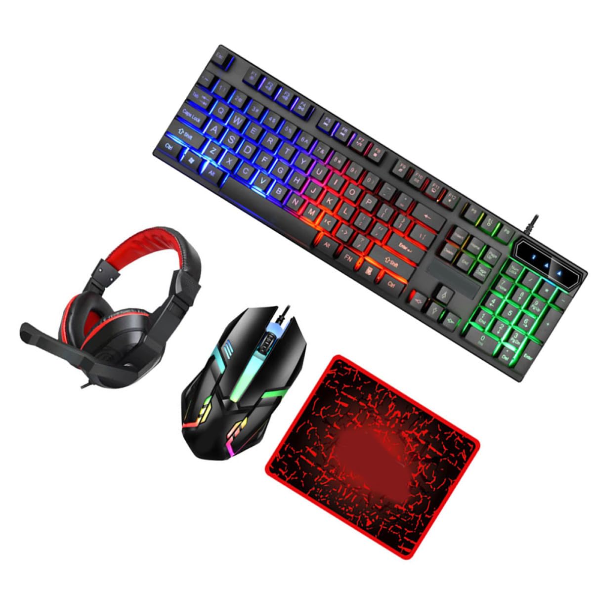 Combo Teclado y Ratón Cable Retroiluminado 104 Teclas, Auriculares Gaming Cable y Alfombrilla Grande Antideslizante para PC y Oficina