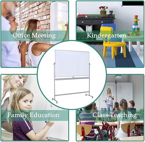 Miniatura 7 de Pizarra blanca móvil ajustable de altura de 72 x 40 pulgadas  Pizarra magnética de borrado en seco de doble cara en soporte rodante de 360  Pizarra