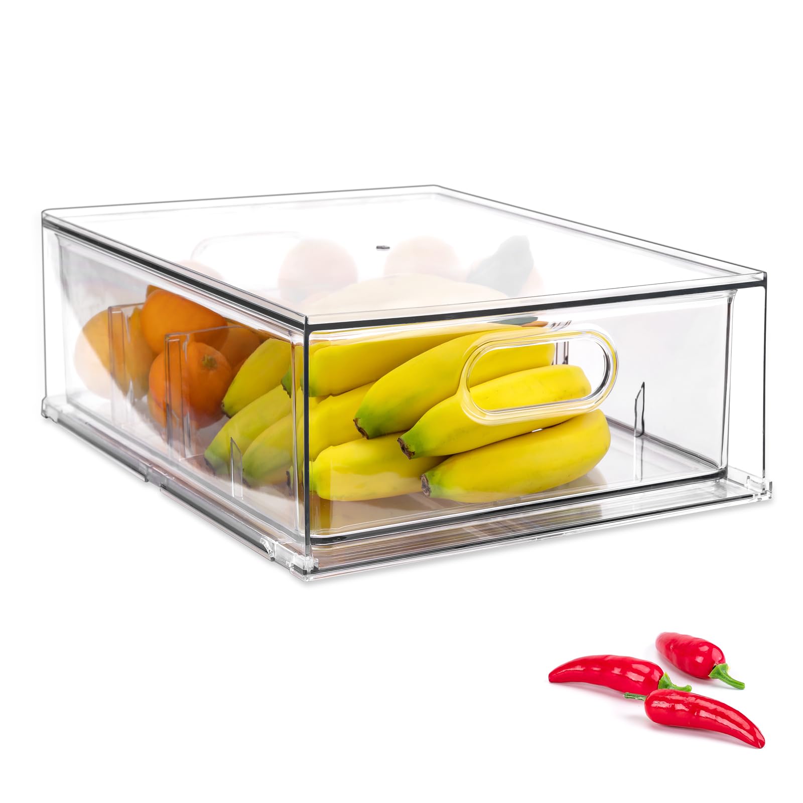 Wonlooker Refrigerator Organizer Bin with Pull-out Drawer-6 Litres, Stackable Fridge Drawer Organizer with Handle, Clear Plastic Food Storage Container for Freezer, Cabinet, Kitchen, Pantry