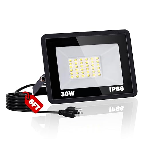 LED Flood Light, 30W 3600LM Plug in Outdoor Light Durable IP66 Waterproof 6500K Daylight White Security Outside Lights for Yard for Garage Lawn Garden Backyard Patio Parking Lot with 6FT Cord