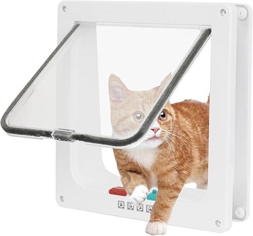 Puerta para gatos para puertas interiores y exteriores con sistema de bloqueo de 4 vías, puerta para mascotas para gatos y perros pequeños, solapa