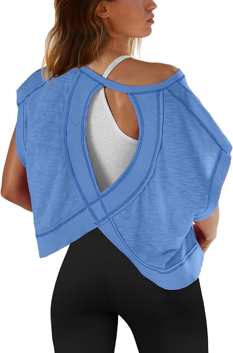 SENSERISE Camiseta deportiva de manga corta con espalda abierta para mujer, sin espalda, para correr, gimnasio, yoga