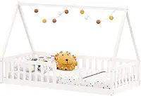 IDIMEX Cama Infantil Madeira Branco Grade Montessori Casinha de Chão Nicolas