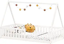 IDIMEX Cama Infantil Madeira Branco Grade Montessori Casinha de Chão Nicolas
