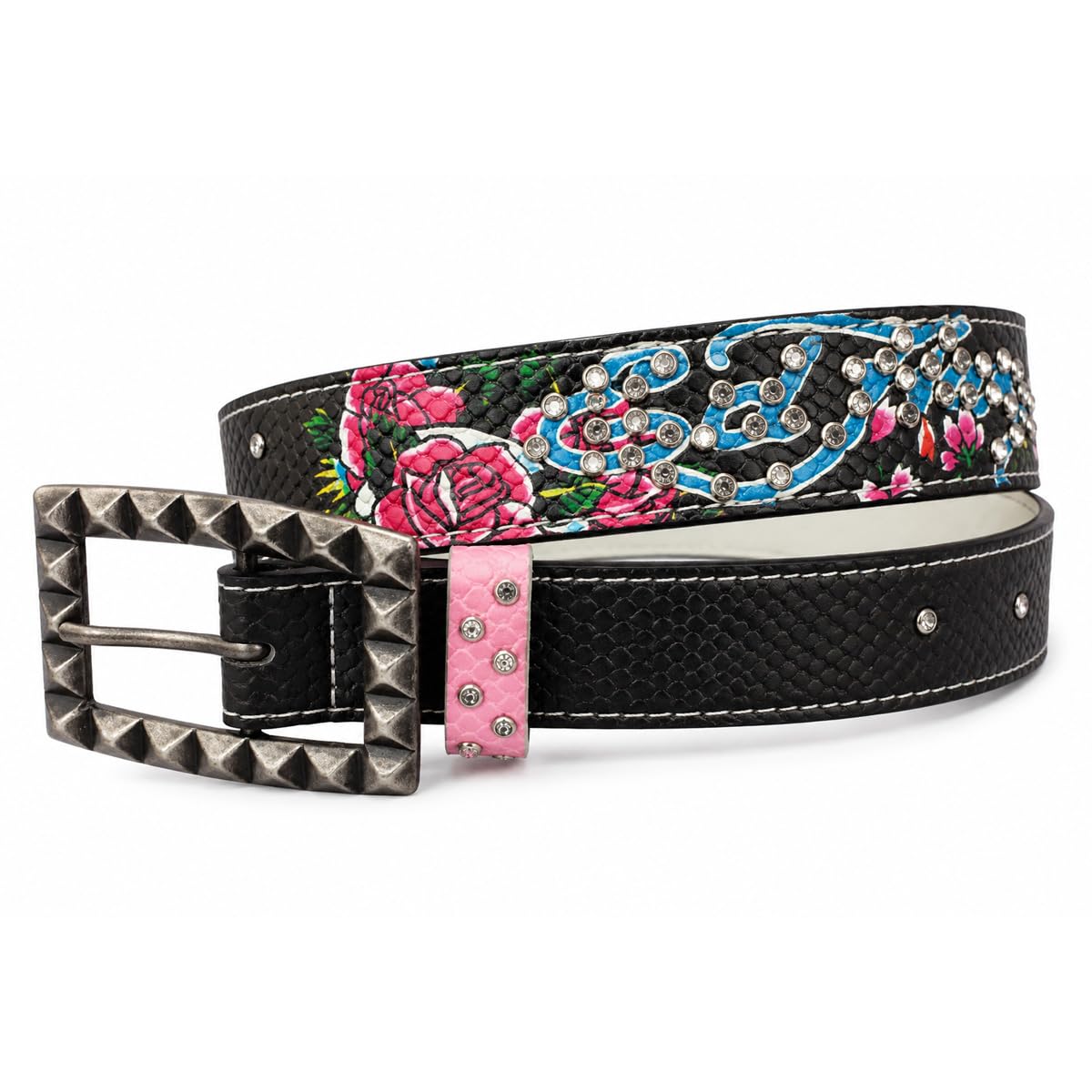 ED HARDY Cinto feminino fashion feminino com estampa de flores e crânios, enfeitado com fivela de metal estreita ajuståvel - Medium-Large