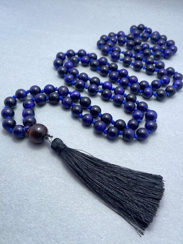 Natural AAA Afghan Lapis Lazuli 108 Beads Mala Necklace Healing 10mm Knotted Tassel Spiritual Protection Meditation Balance Japa Mala, blue, ABC10-94