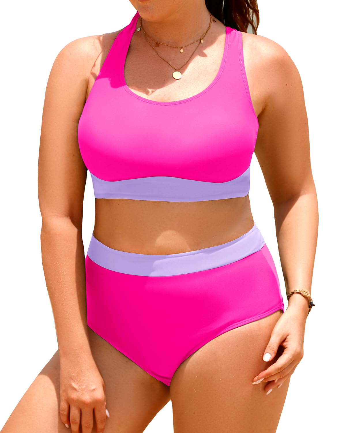 Aqua Eve Plus Size Two Piece High Waisted Bikini Swimsuits Scoop Neck Bikini Set Sporty Bathing Suits