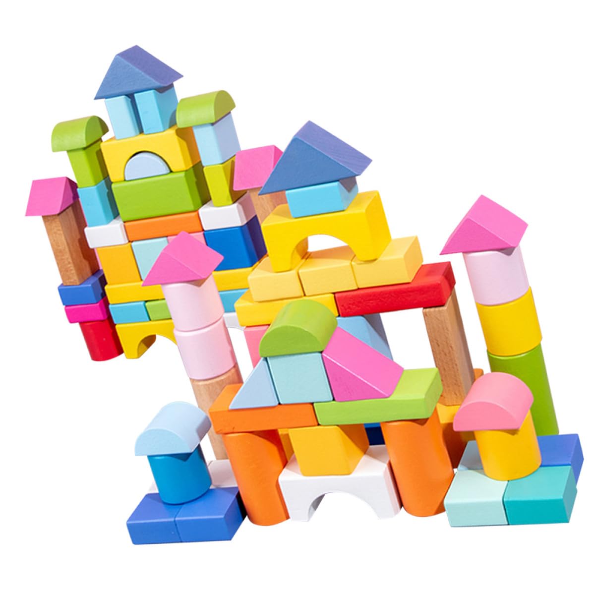 Toyvian Blocchi di Costruzione in Legno 100 Pezzi per Bambini Forme Geometriche, Superficie Levigata e Bordi Arrotondati, Giocattolo Educativo per Gioco e Apprendimento