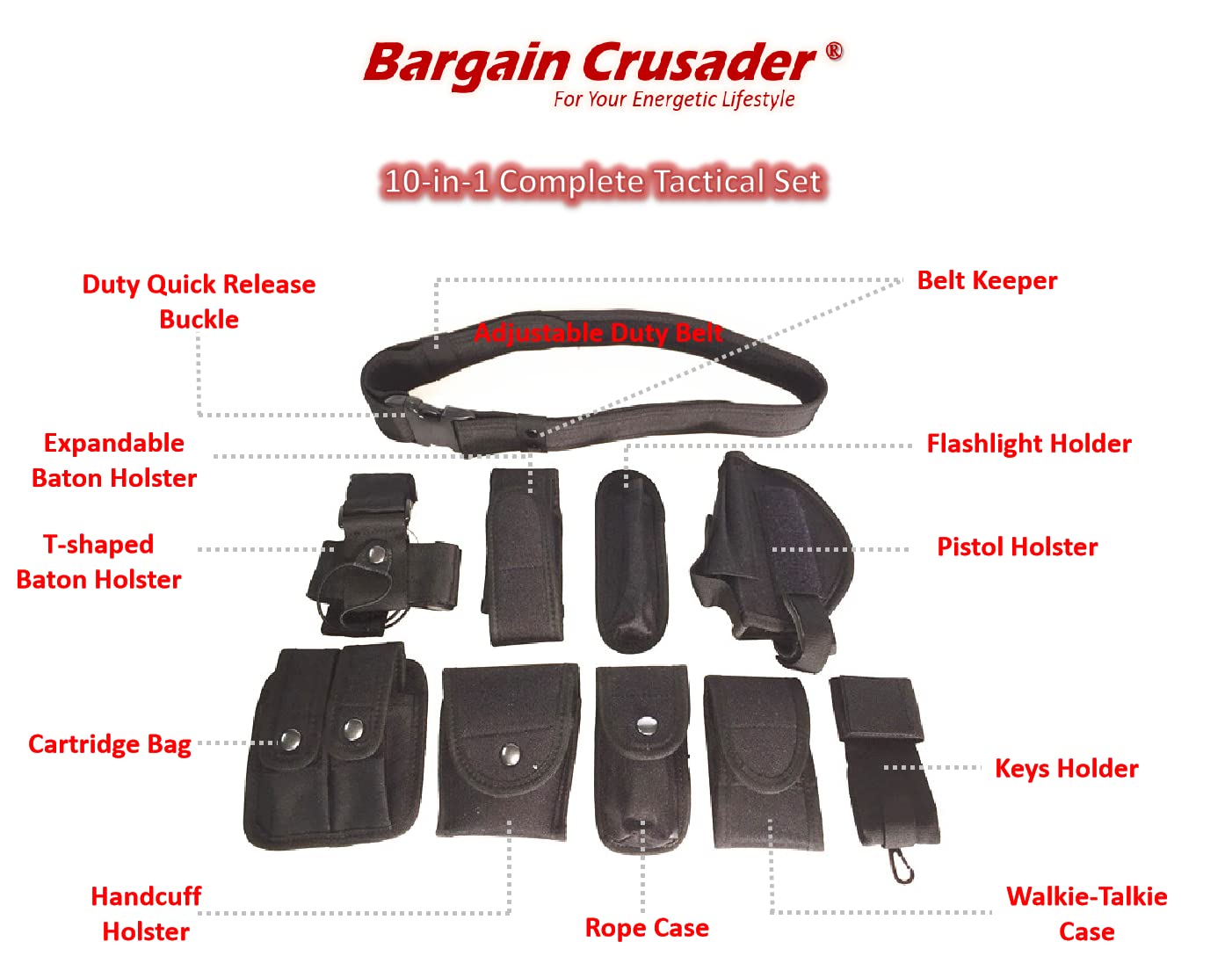 Bargain Crusader Duty Belt Military Tactical Modular Equipment Law Enforcement Police Security Guard Hunting Game Versatile Utility Adjustable Tool Belt (Adjustable 35"-45". 9 Pouches, Black)