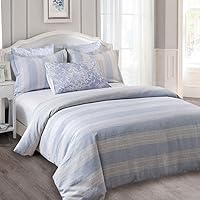 Vista 2 de Juego de funda de edredón de lino francés, 100% hilo de lino teñido a rayas, juego de ropa de cama lujoso, tamaño matrimonialqueen, rayas azules