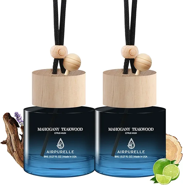 Car Air Freshener Hanging 2 Pack Car Air Fresheners Diffuser - Mahogany Teakwood Fragrance Oil Air Diffuser for Car, 45+ days Long Lasting Fragrance, Two 0.27 FL OZ/8ML Made in USA Car Air Fresheners