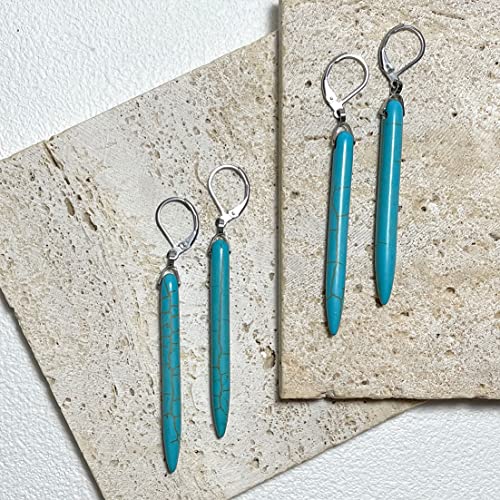 Natural Real Genuine Column Vertical Bar Turquoise Stone Earrings,Simple Dainty Long Single Gemstone Quartz Crystal Stone Western Statement Dangle Drop Earrings for Women2
