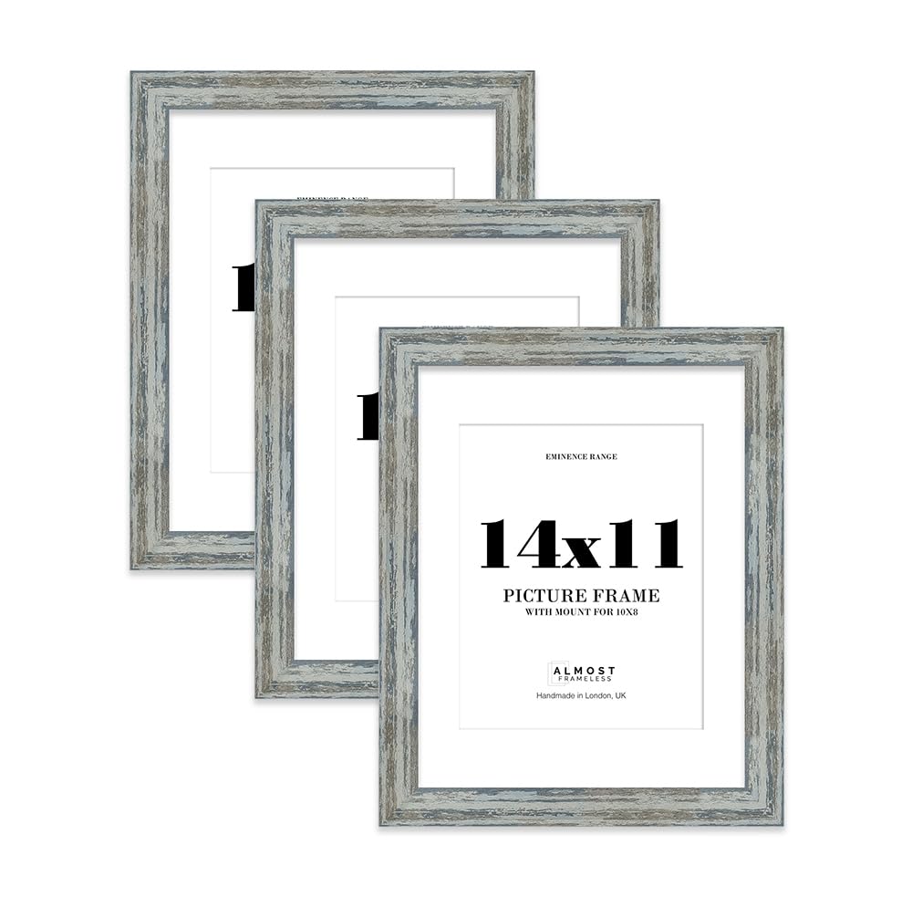 14x11" Distressed Blue Picture Frame with 10x8" Mount - Weathered Photo Frame with Distressed Finish, Wall Hooks and Kickstand, 32mm Edge - 3 Pack