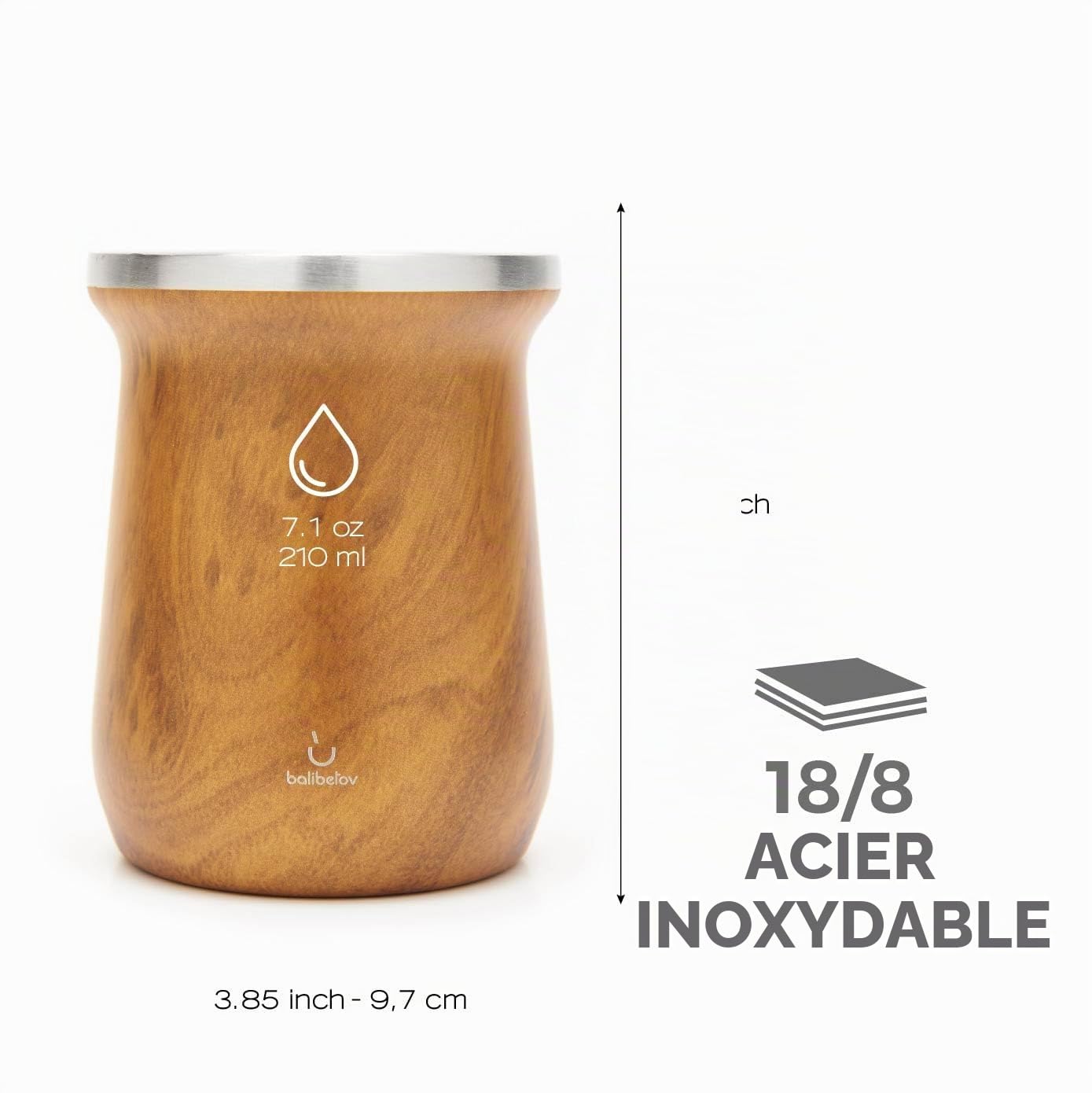 BALIBETOV Moderne Calebasse Maté Yerba (Tasse Maté) et Bombilla Maté - Acier Inoxydable 18/8 à Double Paroi - Comprend Deux Bombillas et Une Brosse de Nettoyage (Bois)