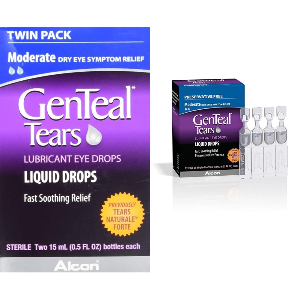 Genteal Tears Lubricant Eye Drops, Moderate Liquid Drops, Twin Pack,0.5 Fl Oz (Pack of 2) Package May Vary & Tears Lubricant Eye Drops, Moderate Liquid Drops, SingleUse Vials,1 Pack of 36 ct