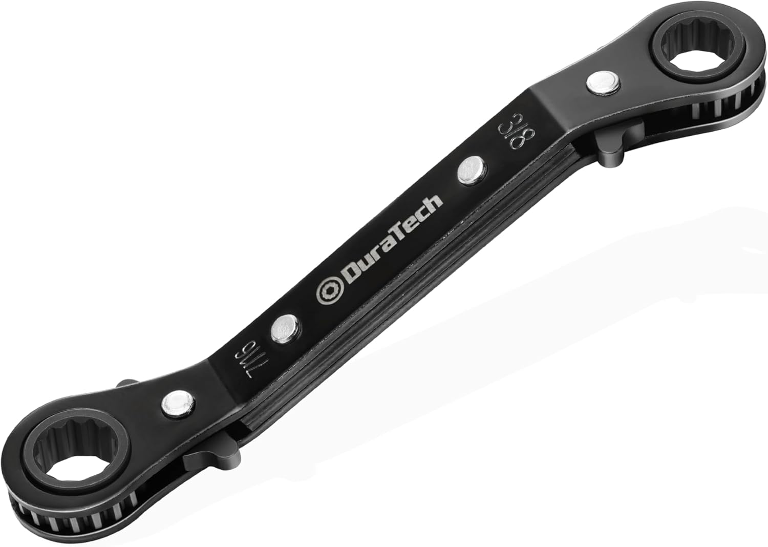 DURATECH 3/8 Inch x7/16 Inch Double Offset Box End Reversible Ratcheting Wrench, SAE, Heavy-duty, Matte Chrome Plated, Ratchet Spanner Crooked for Narrow Spaces
