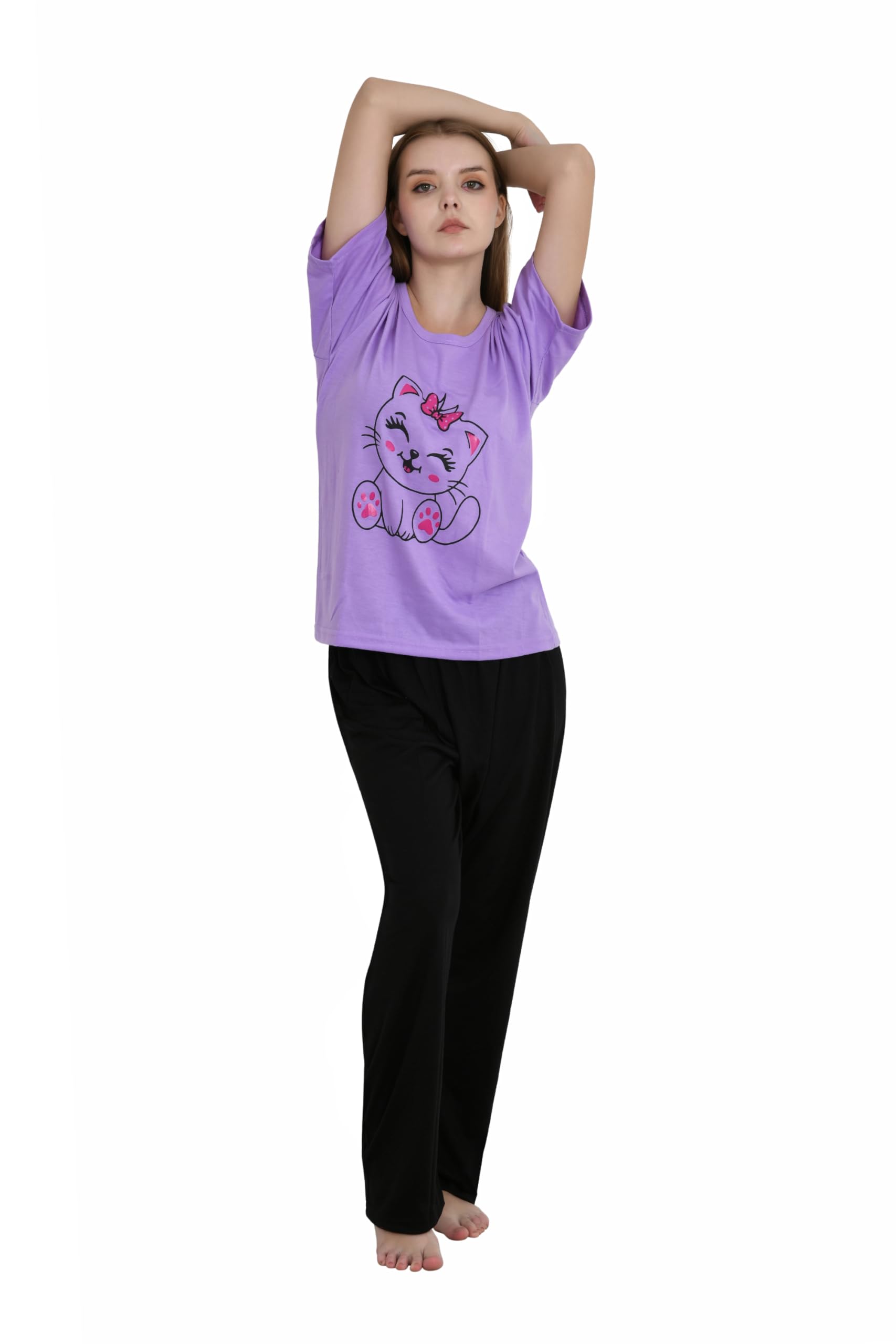 AJ Hosiery Women’s Cotton Night Suit Set Round Neck Graphic Printed T-Shirt with Pajama Nightwear Sleepwear & Loungewear Tshirt Pyajama Set-image-47