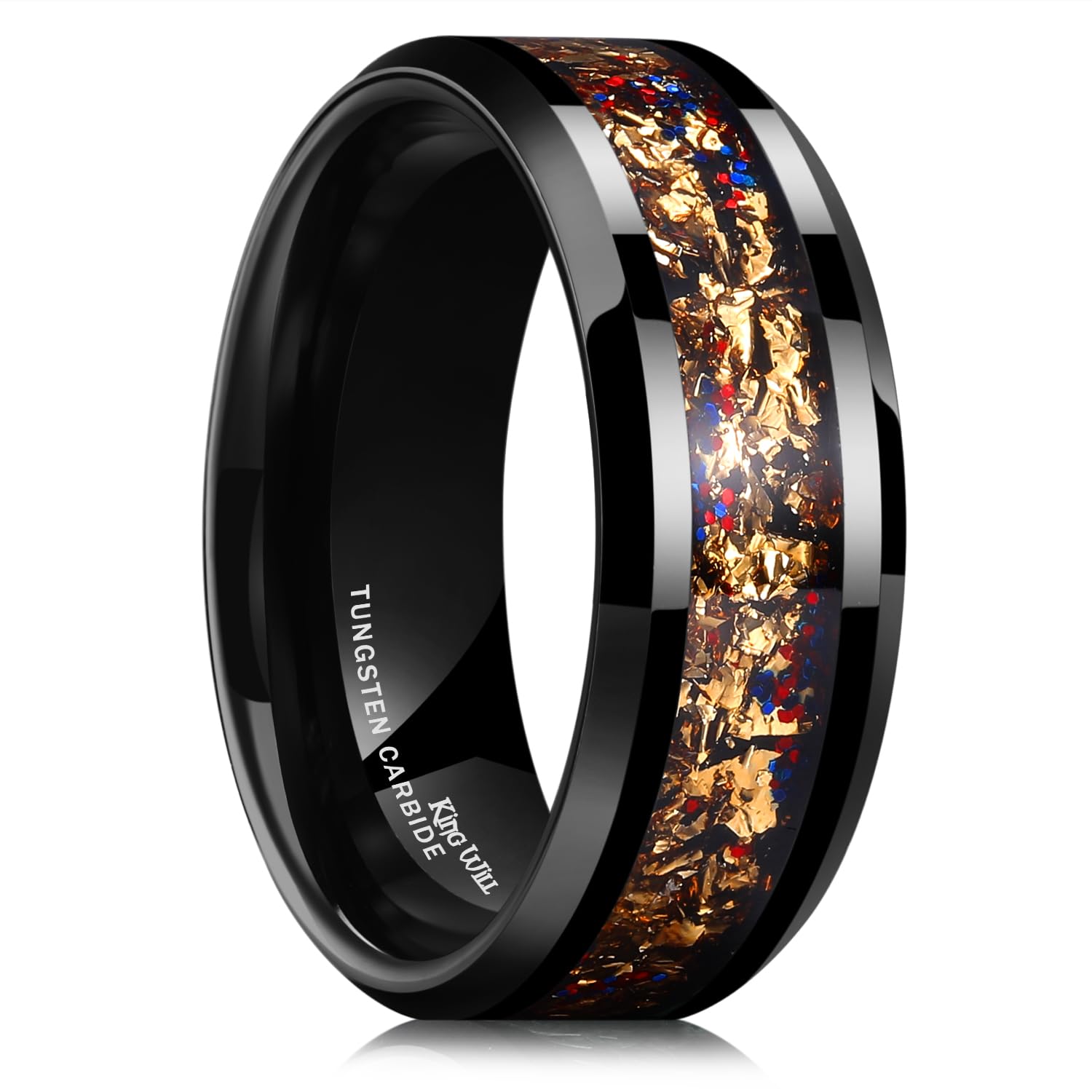 King Will Mens Wedding Band with Foils Inlay, Black/Silver/Gold
