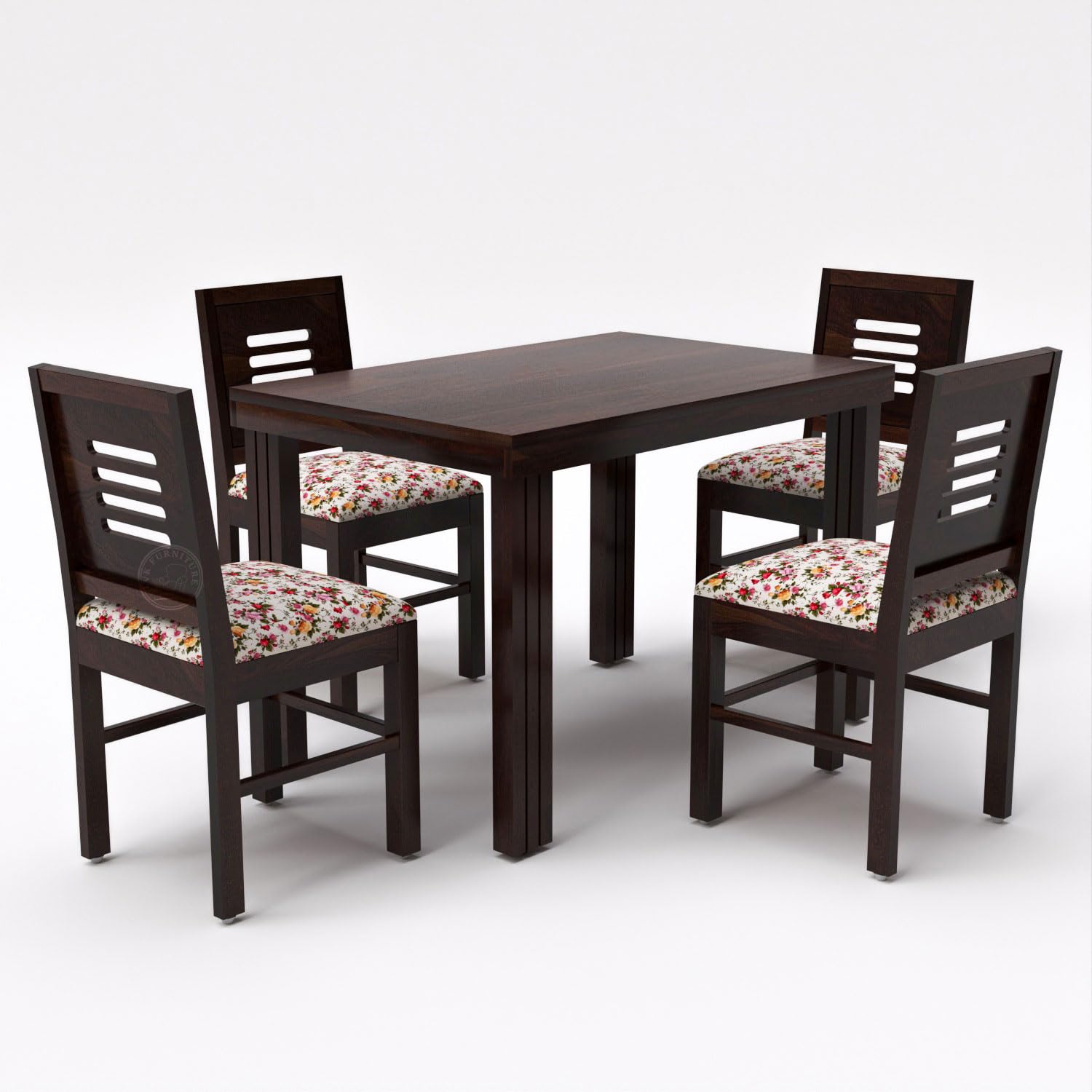VK Furniture Sheesham Solid Wood 4 Seater Dining Table Set of Four with 4 Print Cushion Chairs for Dinner Hall Kitchen Living Room Home Office Restaurant |L45 X W30 X H30|Walnut