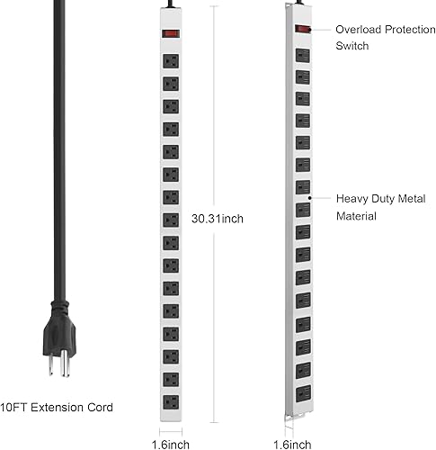 Miniatura 6 de JUNNUJ Regleta de Alimentación de Metal de 16 Tomas, Regleta de Alimentación Resistente Montable, Protector de Sobretensiones de 1200J con Tornillos